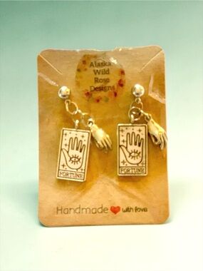 Fortune Tarot Card and Hand Charm Stud Drop Earrings Silver-tone Wiccan